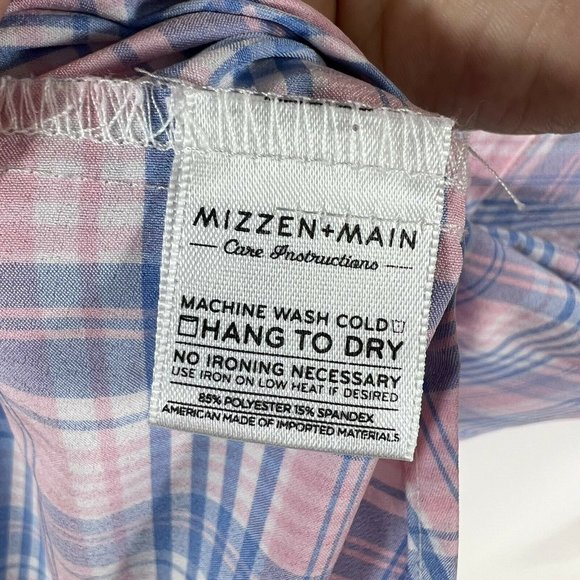 MIZZEN+MAIN Mens Large Pink Blue Plaid Long Sleeve Trim Fit Button Front Shirt - Picture 7 of 7
